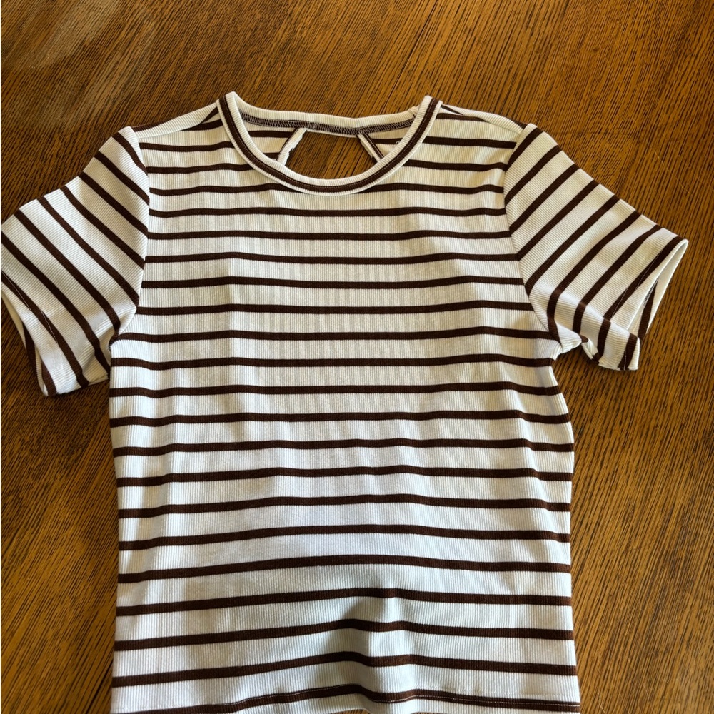 aerie White & Brown Striped Short Sleeve Crop Top